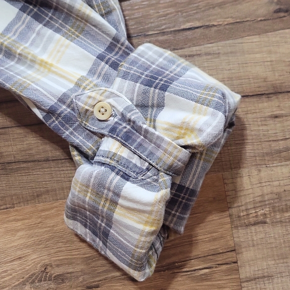 TIMBERLAND GRAY YELLOW PLAID ROLL TAB COTTON WESTERN BUTTON DOWN BUTTON SHIRT - Picture 9 of 15